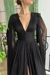 Elegant Black Long A-line V-neck Tulle Front Slit Evening Prom Dress with Sleeves